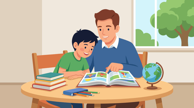 A heartwarming moment between a father and son reading a colorful storybook together at a table, emphasizing the importance of bonding through shared experiences and literature.