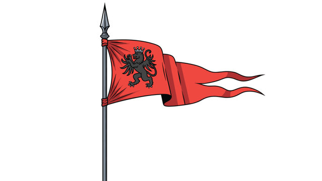 Red medieval banner flying from a spear-tipped pole features a fierce black lion mascot for a kingdom or historical heraldry design.
