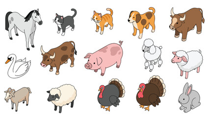 Fototapeta premium Large set of isometric animals includes a horse, cats, dogs, cows, a pig, sheep, goats, turkeys, a swan, and a rabbit for farm themes.