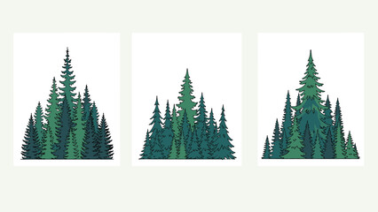 Fototapeta premium Three separate illustrations of dense pine forests show various clusters of tall evergreen trees in different shades of deep green.