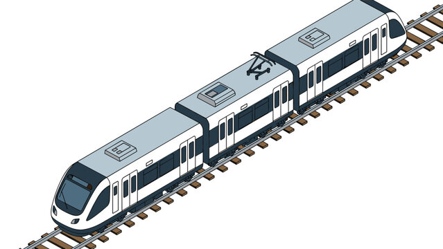 Modern electric passenger train moves along steel tracks in an isometric view representing efficient public transportation systems.