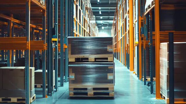 Industrial warehouse interior with towering storage racks, stacked pallets along a wide aisle highlighting modern logistics, inventory management and large scale distribution efficiency
