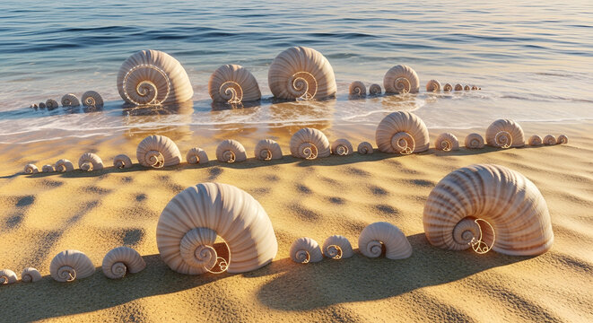 Seashell Spirals on Sandy Beach Shoreline, Natural Order and Fibonacci Sequence