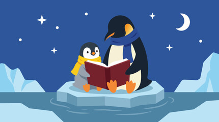 Two adorable penguins, one parent and child, share a whimsical moment reading a book together on floating ice, depicting warmth and connection in a snowy backdrop.