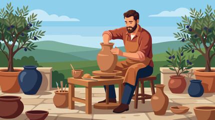 A captivating illustration of a potter skillfully shaping clay on a wheel, set in a picturesque landscape, reflecting the art of craftsmanship and creativity in pottery making. © Xiaoliang
