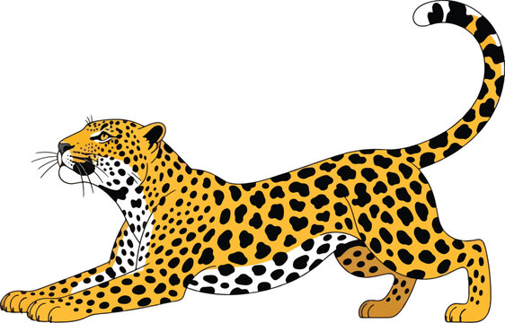 Stylized illustration of a spotted leopard crouching in profile on a white background