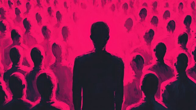 Colorful silhouette pf person standing in monochrome crowd of different people,surreal unique and different concept,loneliness in society,shadow,freedom,Love,be yourself,Stand out from the crowd.