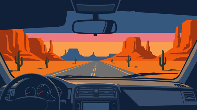 A stunning illustration showing the view of a scenic desert landscape from inside a car, evoking feelings of adventure and the beauty of nature's vastness while driving.
