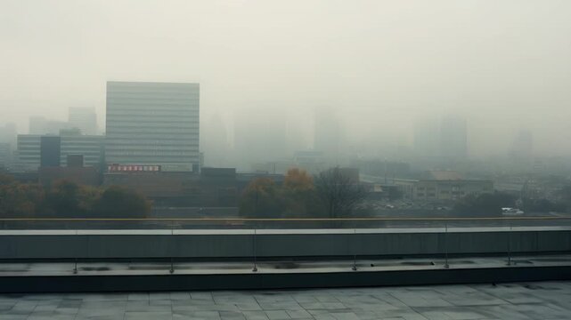 Rooftop terrace providing an aerial perspective of a modern metropolis cloaked in thick fog, with numerous buildings disappearing into the hazy industrial atmosphere