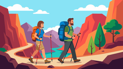 A vibrant illustration depicts two hikers trekking along a scenic trail surrounded by stunning mountains and lush greenery, embodying adventure and the beauty of nature. © Xiaoliang