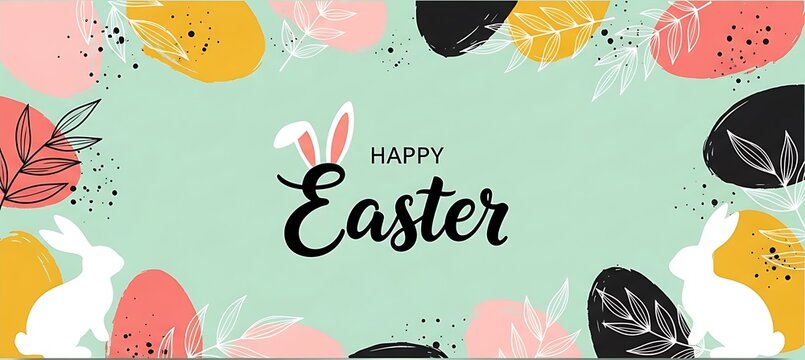 A colorful Easter greeting card with bunnies and eggs on a green background with the words Happy Easter written in black