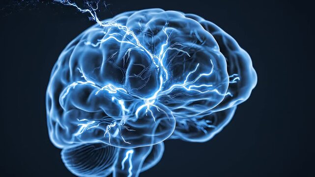 A 3D animation of the human brain shows neurons firing and creating a complex network of thoughts memories and electrical signals.
