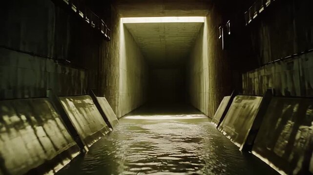 Dark water channel flowing within a concrete engineering structure, providing a sense of direction, progress, and the unknown ahead towards an illuminated opening