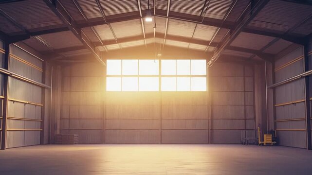 Large empty warehouse providing expansive space for storage, logistics, and industrial operations, with warm sunlight streaming through high windows illuminating the concrete floor