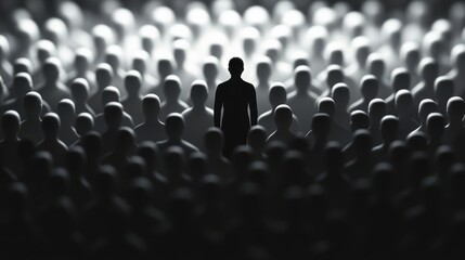 Obraz premium Colorful silhouette pf person standing in monochrome crowd of different people,surreal unique and different concept,loneliness in society,shadow,freedom,Love,be yourself,Stand out from the crowd.