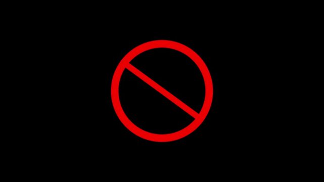 Warning, stop or no entry forbidden red circle and line symbol icon animation on transparent background.