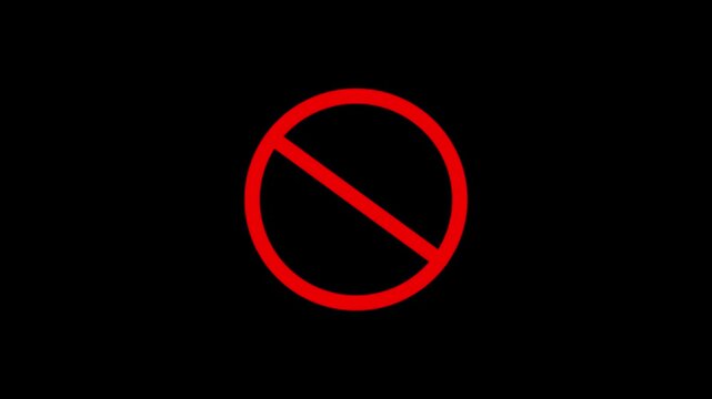 Warning, stop or no entry forbidden red circle and line symbol icon animation on transparent background.