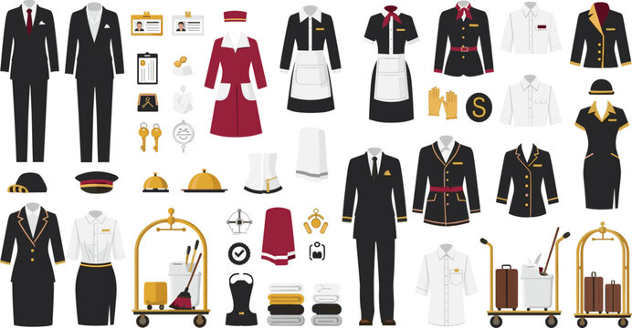 Large collection of hotel staff uniforms and hospitality service icons featuring housekeeping dress concierge suit bellhop jacket and trolley
