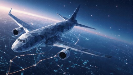 Fototapeta premium Futuristic Airplane Flying Over a Digital Cityscape at Night.