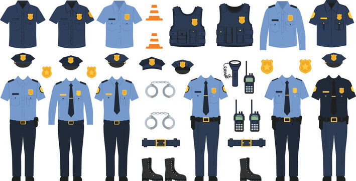 Large collection of police officer uniforms and law enforcement equipment icons including tactical vest handcuffs radio badges boots and security gear