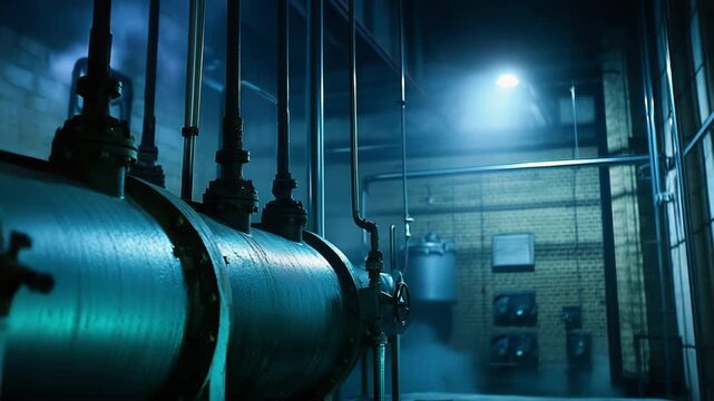Industrial boiler room with heavy machinery and complex piping system releasing steam and vapor, illuminated by a stark blue light creating a moody atmosphere