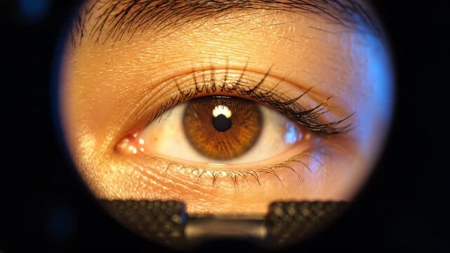 Extreme close up macro shot of a human brown eye. The eyelid is adorned with glittery makeup and long lashes. Warm, soft light illuminates the scene against a dark background.