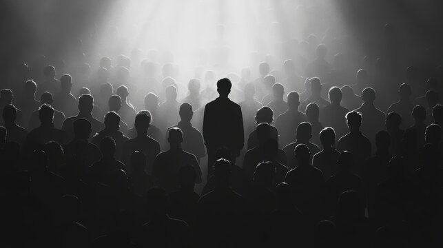 Colorful silhouette pf person standing in monochrome crowd of different people,surreal unique and different concept,loneliness in society,shadow,freedom,Love,be yourself,Stand out from the crowd.