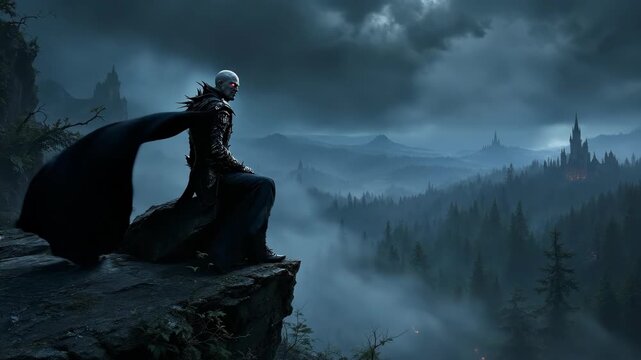 A dark, mystical figure gazes over a foggy, mountainous landscape.