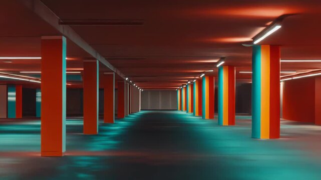 Subterranean parking structure featuring long rows of vibrant pillars illuminated by glowing neon lights, creating a conceptual and abstract liminal space