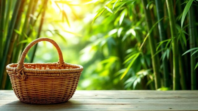 A wicker basket on a wooden table surrounded by lush bamboo.