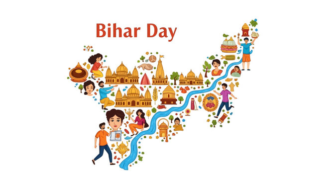 Vibrant illustration of Bihar Day celebration with people, landmarks, and cultural symbols on a map of Bihar, India, conveying a joyful and festive mood with bright colors.
