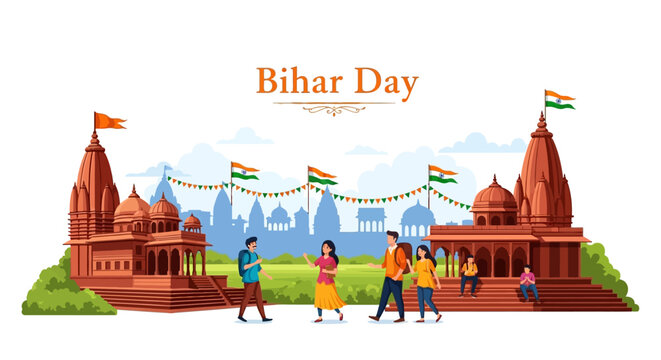 Illustration of people celebrating Bihar Day with cultural festivities and traditional architecture in vibrant colors against a white background.