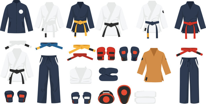 Martial arts equipment vector set featuring karate gi uniforms, colorful ranking belts, boxing gloves, protective gear, and training accessories isolated on white background.