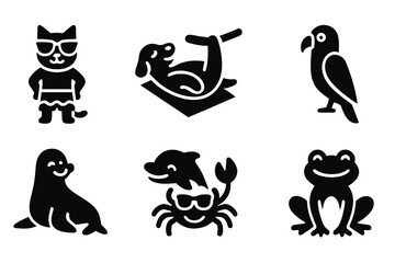 Fototapeta premium Sunny Animal Icons. Sunny Animals. Filled icon set of Sunny Animals: beach-ready cat, sun-bathing dog, relaxed