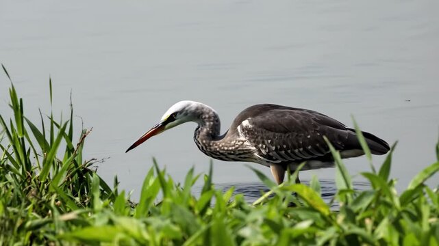 A heron foraging in lush green grass by calm waters.