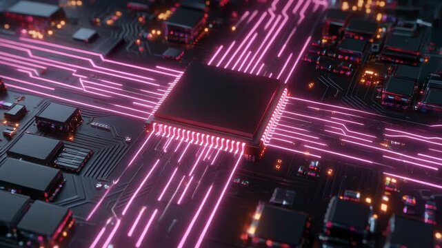 Futuristic Microchip with Glowing Pink Data Tracks