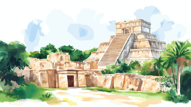 Uxmal. Uxmal hand drawn watercolor illustration