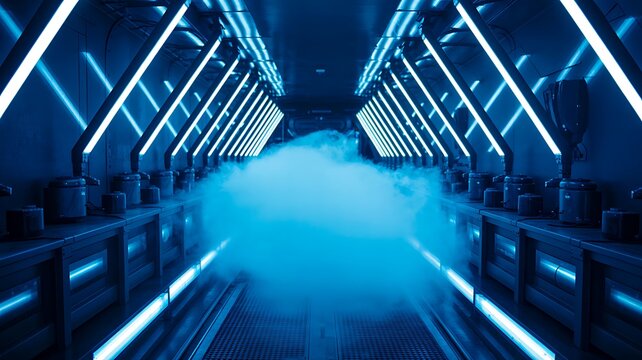 Futuristic corridor with neon lights and smoke sci fi technology background