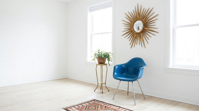 Minimalist living room interior with a blue Eames chair, gold sunburst mirror, houseplant, and an ethnic rug on wooden floor.