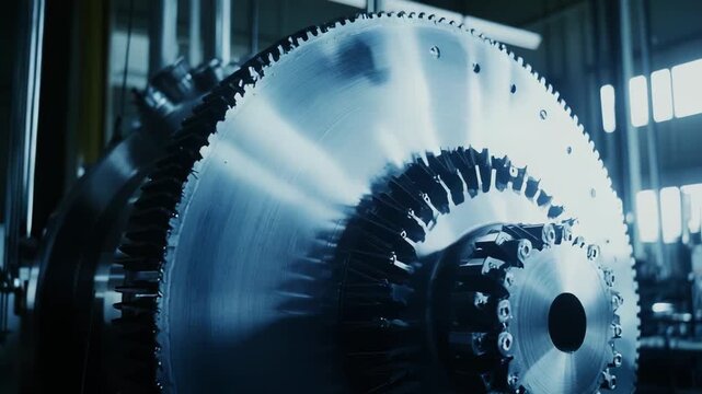Industrial turbine engine showcasing intricate metal components and gearing mechanisms, representing advanced manufacturing, engineering, and heavy industry technology