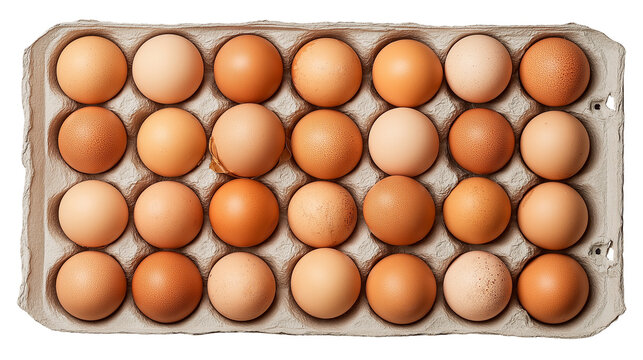 Top View of Fresh Brown Chicken Eggs in Cardboard Tray Isolated on Transparent Background, Large Group of Organic Farm Eggs, Grocery Food Storage and Nutrition Concept for Menu and Advertising