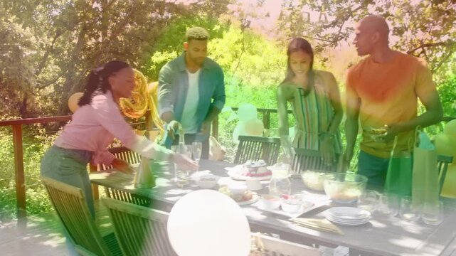 Group preparing for celebration, arranging cake plates bowls glassware with animated guides