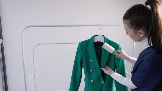Woman cleaning green blazer with lint roller on hanger in studio setting