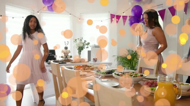 Teen entering pulling chair, urging guests seating for 13th birthday, animated cake guide directing