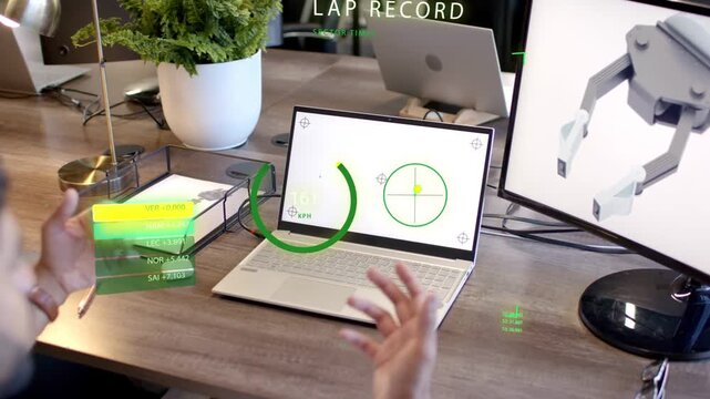 Vertical video: Hands appearing over laptop, pinching HUD and sweeping gauge, updating lap record