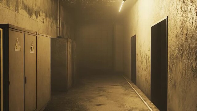 Disorienting dim industrial hallway with rows of electrical cabinets opposite textured doors, concrete walls and haze evoking abandonment, danger, and eerie decay