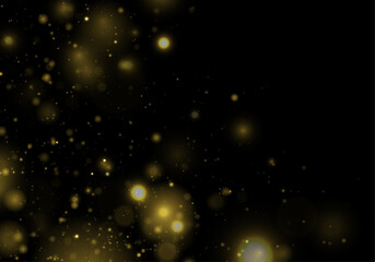 Naklejka premium Golden dust glows in soft night light dark background, sparkle, glitter, shimmer bokeh. Twinkle particle, stardust highlights flare. Magical festive sparks with glare, lens flare, vector illustration.
