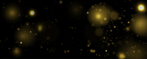 Fototapeta premium Golden glitter dust flows in dark night light, sparkle, shimmer, twinkle bokeh. Sparks, stardust, highlights, flare, lens flare, glare magical festive atmosphere in the vector illustration.
