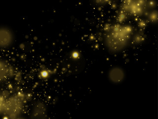 Obraz premium Yellow glitter dust sparkles in dark light, blending shimmer, sparkle, twinkle night bokeh. Particle stardust highlights flare while sparks, glare, lens flare magical festive glow, vector illustration