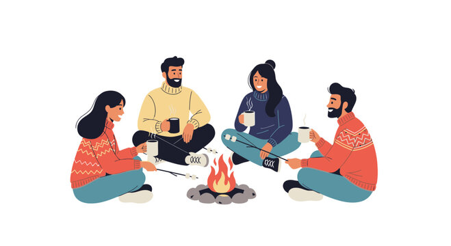 Friends enjoying campfire, drinking hot beverages and roasting marshmallows, cozy winter gathering